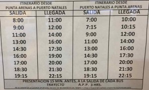 Gli orari dei bus per Puerto Natales e Punta Arenas