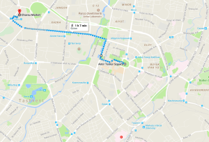 Mappa del nostro percorso a piedi da Piazza Tamerlano fino al Bazar Charsu