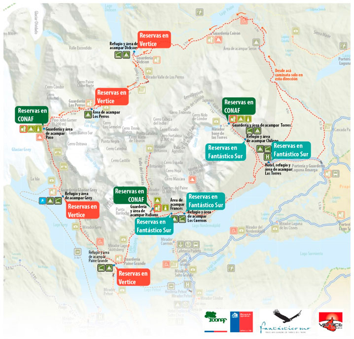 Parco del Paine dove dormire - Mappa del trekking W e circuito O @photocredit http://www.torres-del-paine.org